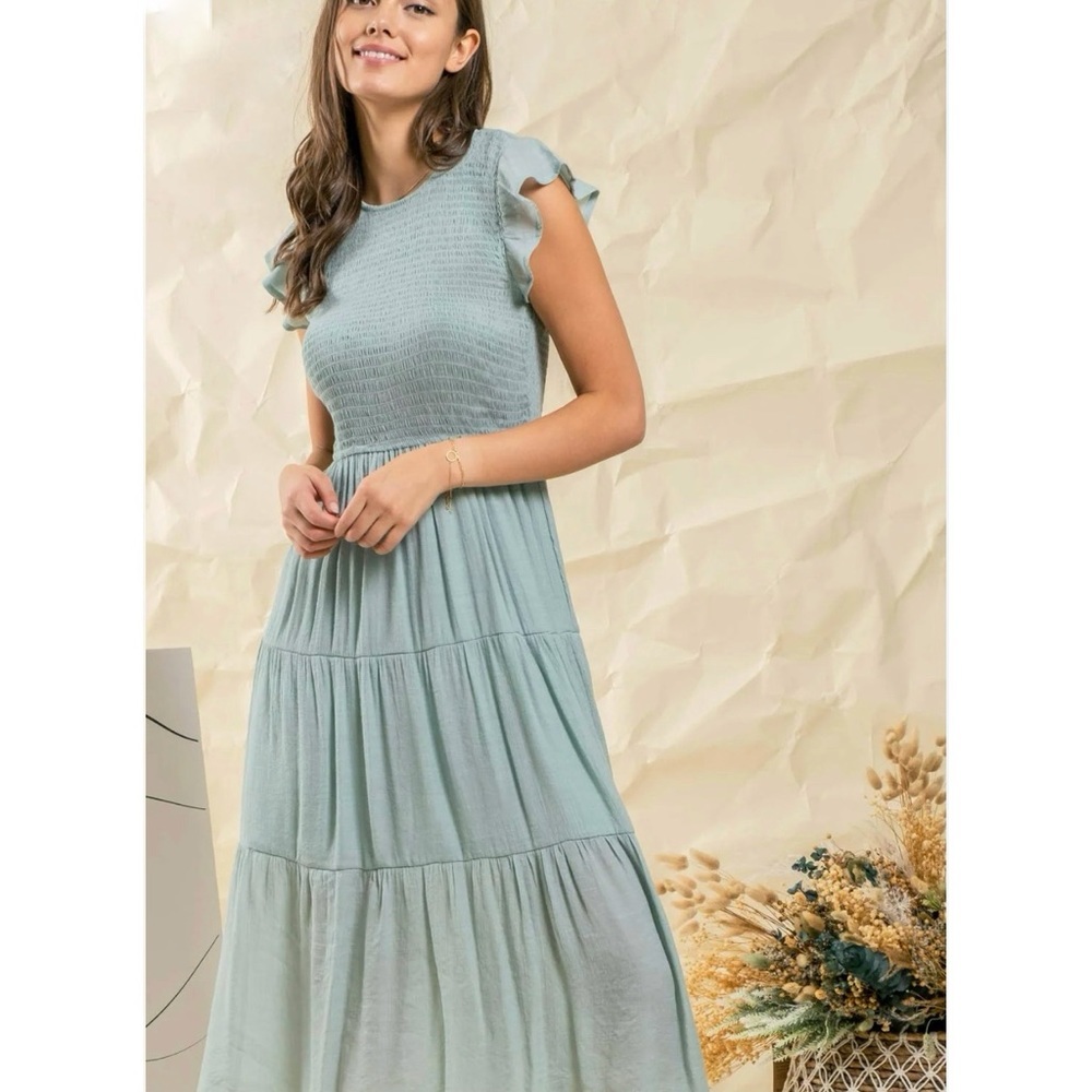 By the River Smocked Tiered Bohemian Midi Dress Size Medium